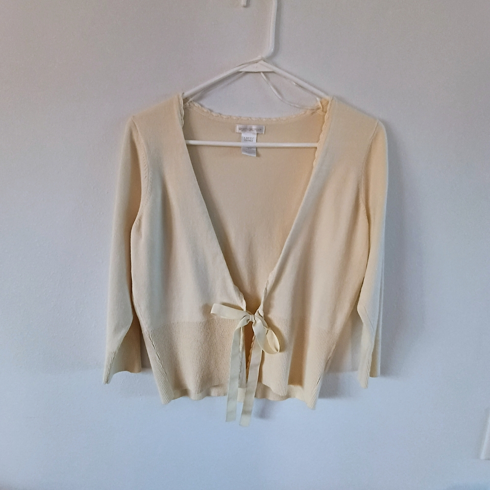 Worthington Cream Tie Front Cardigan Womens Large Cropped 3/4 Sleeve Sweater